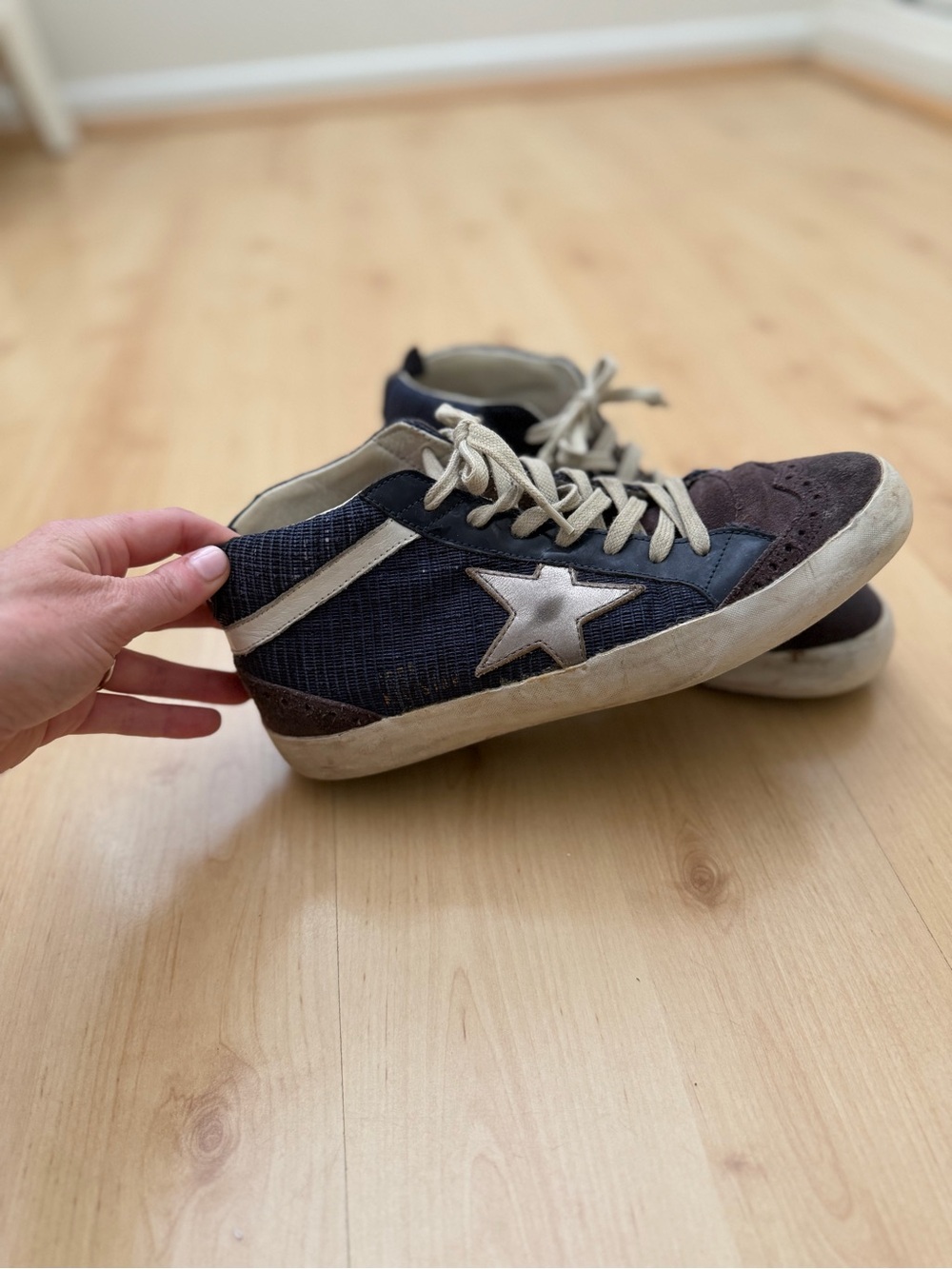 Golden Goose Slide Navy and Beige Star Sneakers